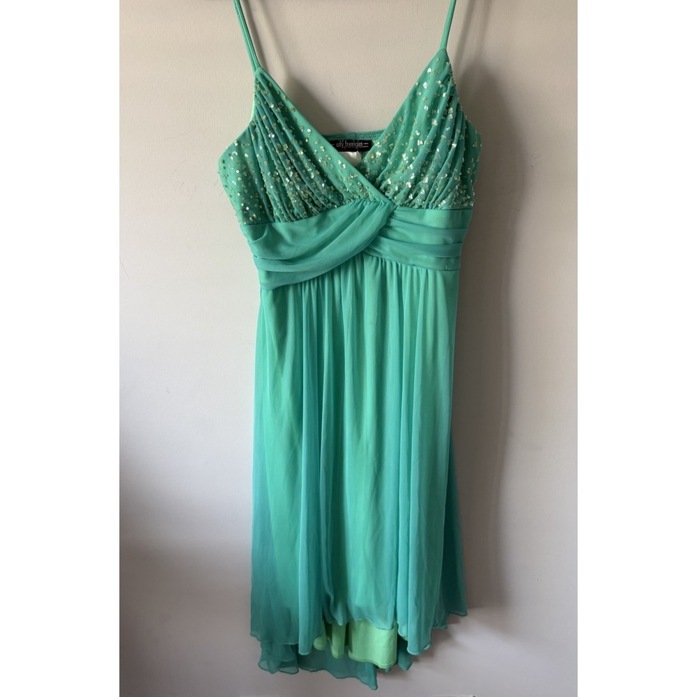 VTG Y2K City Triangles Mini Dress Turquoise Teal Green Sequin Fairy Boho Sz LG